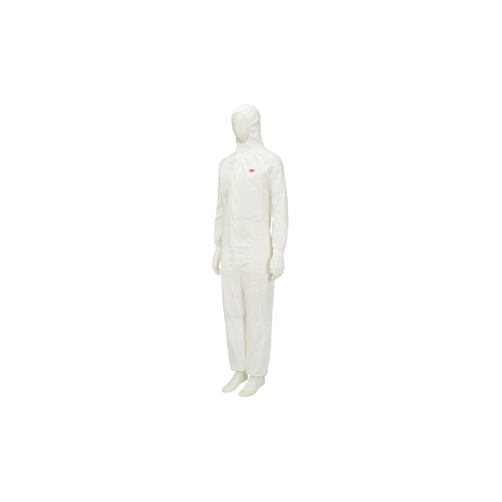 Tuta protettiva monouso 3M, 4545, colore bianco, con cappucccio, indossata da un manichino