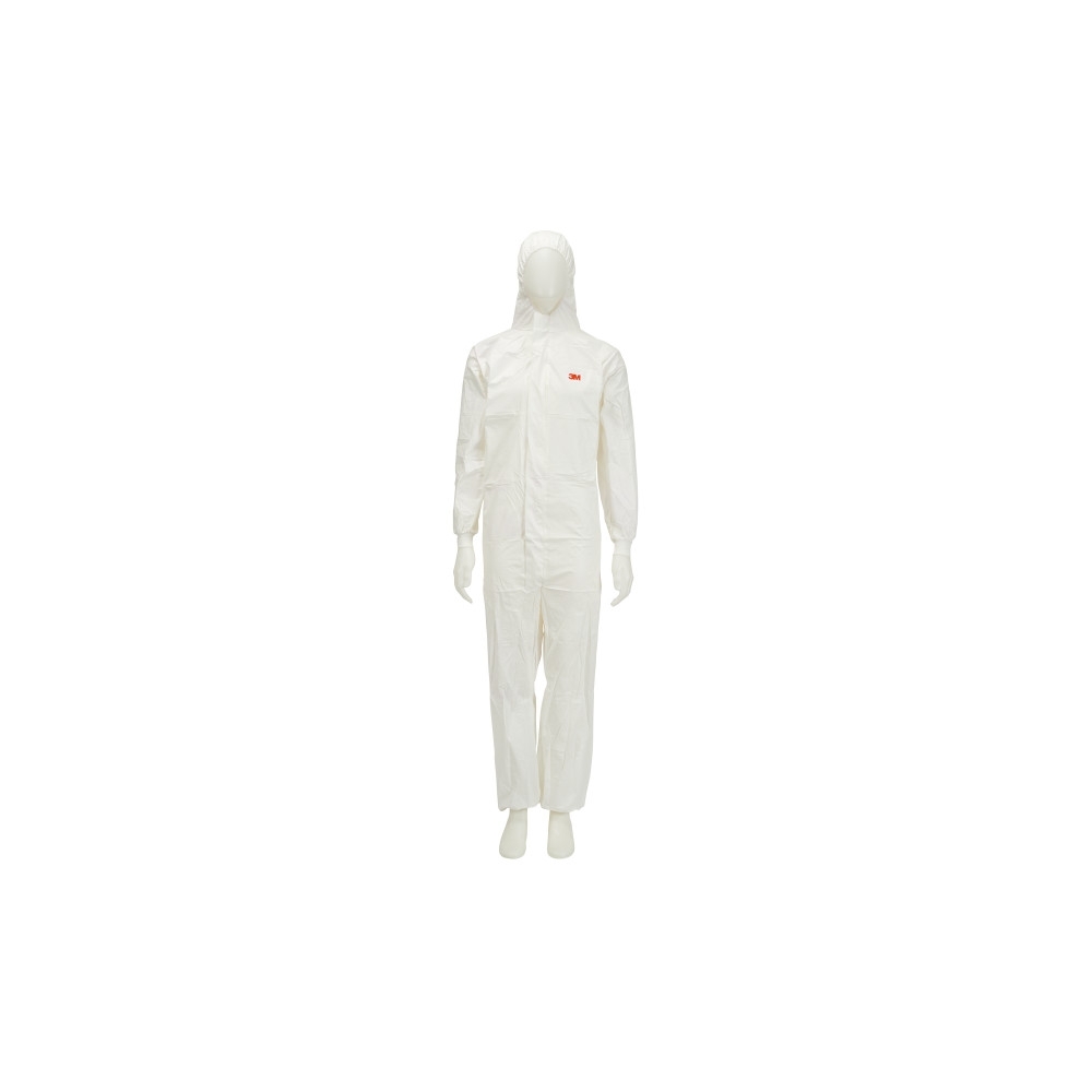 Tuta protettiva monouso 3M, 4545, colore bianco, con cappucccio, indossata da un manichino
