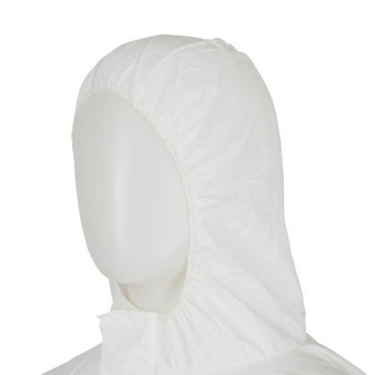 Tuta protettiva monouso 3M, 4545, colore bianco, con cappucccio, indossata da un manichino