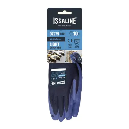 Guanto Issa, 07279,  tessuto Nylon , palmo  rivestito in nitrile colore blu, guanto colore nero, non indossato, confezione