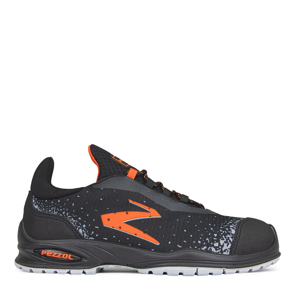 Scarpe antinfortunistiche, Pezzol Radical Orange, colore nero, logo arancione, lacci neri, suola grigia, non indossate