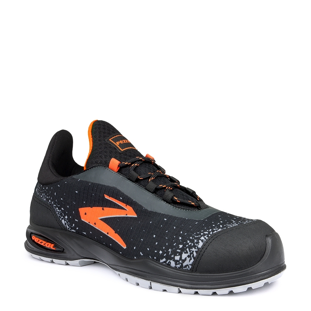 Scarpe antinfortunistiche, Pezzol Radical Orange, colore nero, logo arancione, lacci neri, suola grigia, non indossate