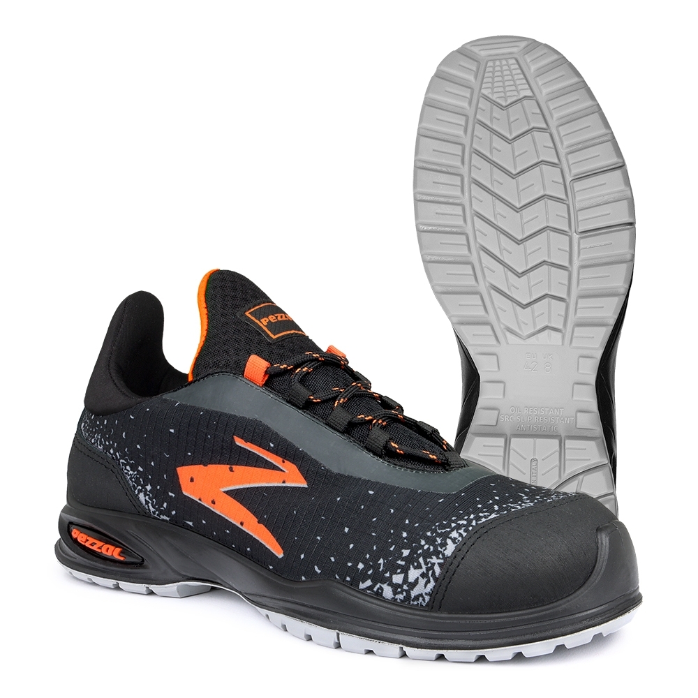 Scarpe antinfortunistiche, Pezzol Radical Orange, colore nero, logo arancione, lacci neri, suola grigia, non indossate