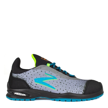 Scarpe antinfortunistiche, Pezzol Python, colore grigio, logo azzurro, lacci azzurri, suola azzurra, non indossate