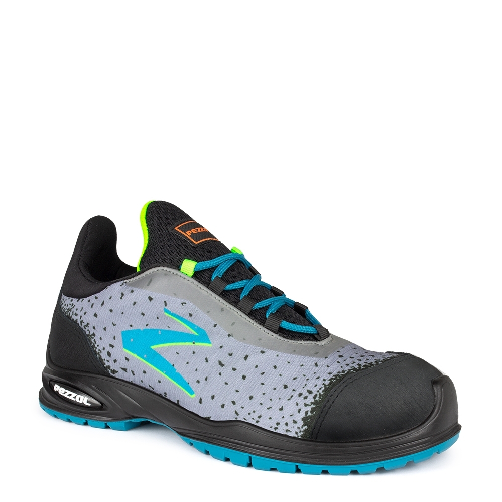 Scarpe antinfortunistiche, Pezzol Python, colore grigio, logo azzurro, lacci azzurri, suola azzurra, non indossate