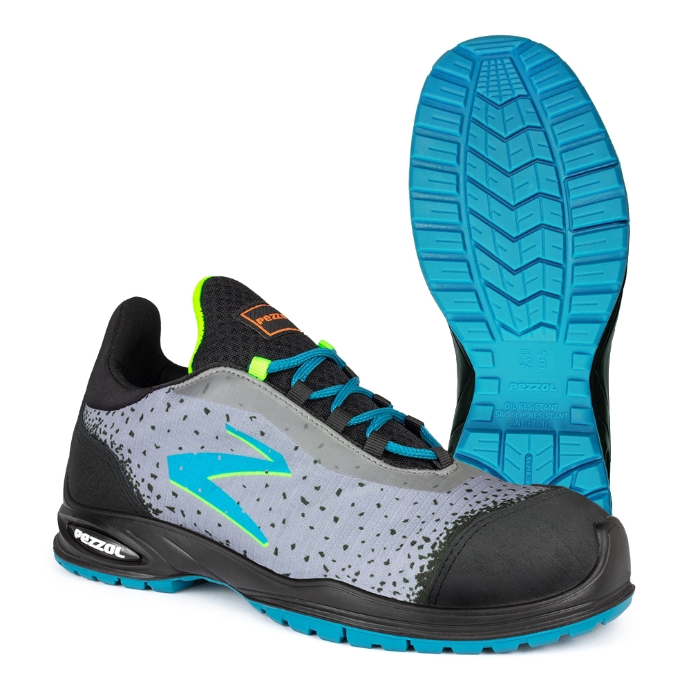 Scarpe antinfortunistiche, Pezzol Python, colore grigio, logo azzurro, lacci azzurri, suola azzurra, non indossate