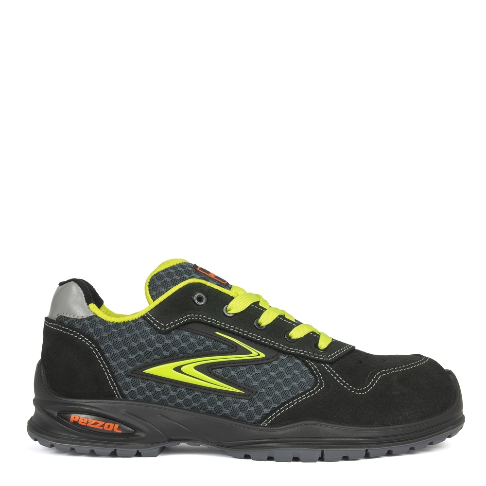 Scarpe antinfortunistiche, Pezzol Clark, colore grigio, logo gialloo, lacci gialli, suola nera, non indossate